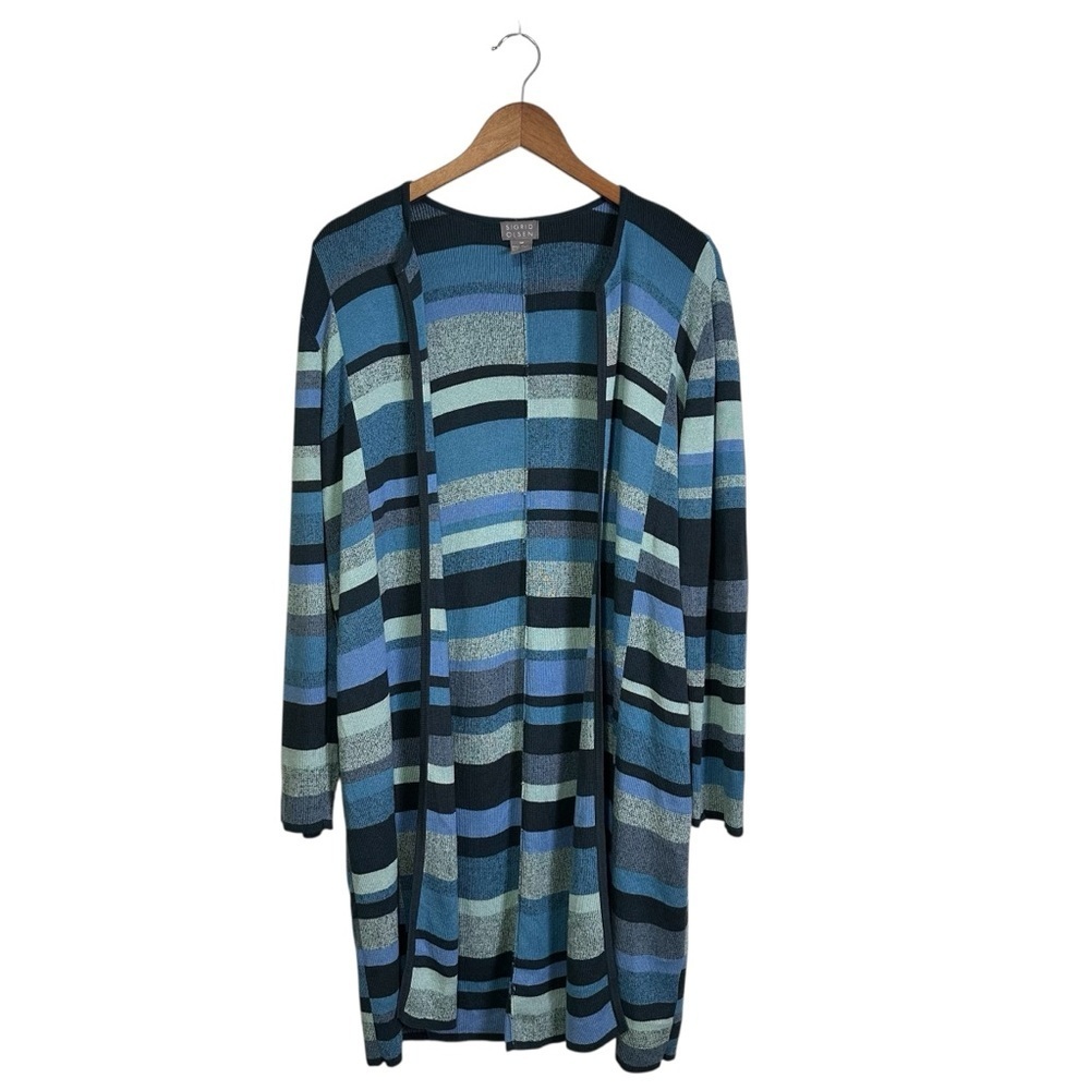 Sigrid Olsen Women’s M Blue Striped Colorblock Open Front Long Knit Cardigan